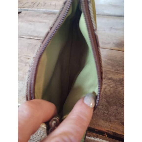 Coach Brown Monogram Canvas Lime Green Stripe Wristlet Coin Pouch Card Holder - Picture 5 of 7